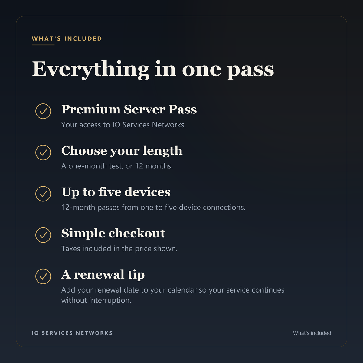 What's included in the Premium Server Pass: access to IO Services Networks, a one-month test or 12 months, up to five devices, taxes included, and a renewal tip.